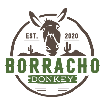 Logo donkey, mountains and cactus in a round label.