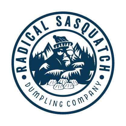 Conceptual  logo yeti  in a hat with dumplings on a background of mountains and forest in a circular label.