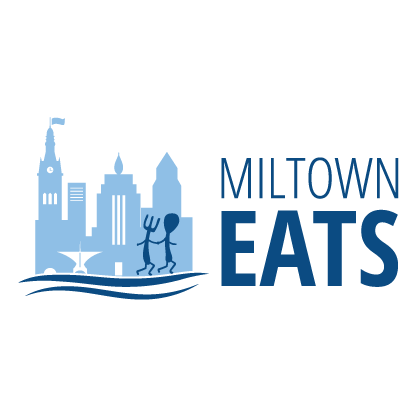 Logo fork and spoon holding hands go against the skyline of the city for the food industry.
