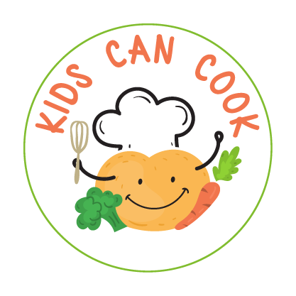 Logo apple in a cook hat, with a whisk in hand, carrot and broccoli for the theme of children's cooking.