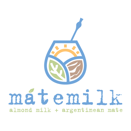 Logo of argentinian mate drink in calabash with bombilla, leaves and sun.