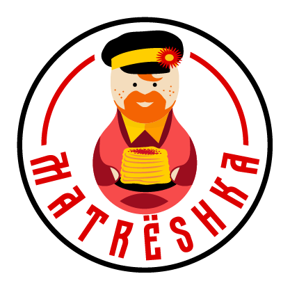 The logo of the national Russian matryoshka nesting doll toy in the form of a man with pancakes in the hands of a circular label.