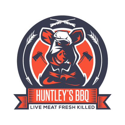 Logo with a pig bandit in a cap, axes and shotguns in a circular label for a BBQ.