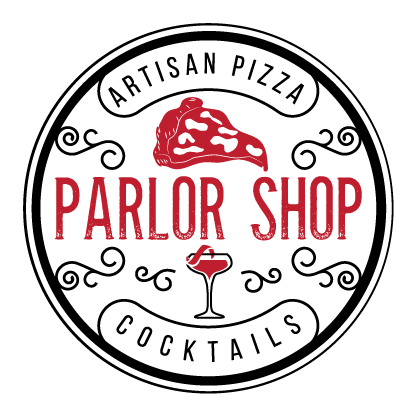 Logo a piece of pizza and a glass with a cocktail in a circular label.