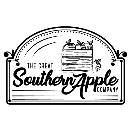 Logo apples in a box with a rustic label.