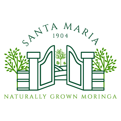Logo with open gate to the garden with moringa trees.