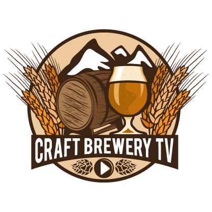 Logo with a glass of beer, barrel, mountains, wheat, hop and a play button.