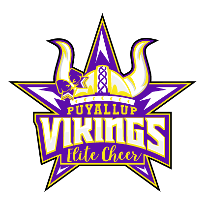 Logo for the cheerleader team with a viking helmet and a star.